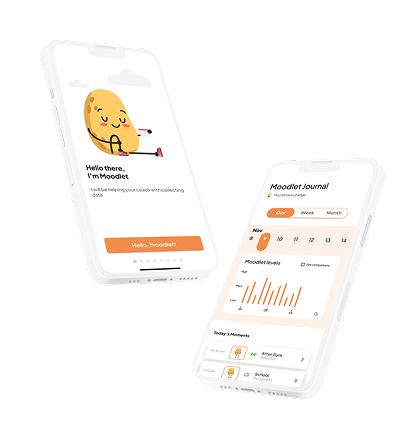 Moodlet home screen shown in a phone mockup, daily mood check-in and weekly arc overview